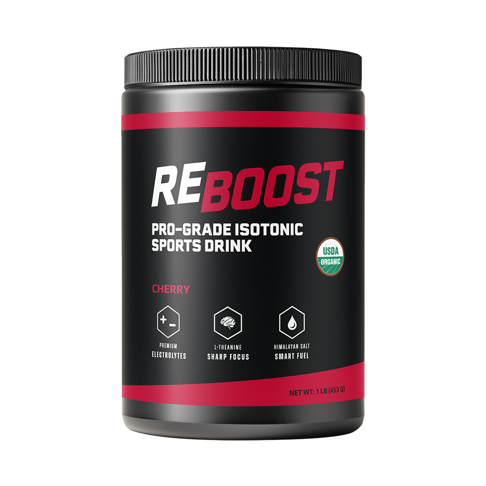 Cherry (Electrolyte Powder) REBOOST pro-grade isotonic sports drink container on a white background